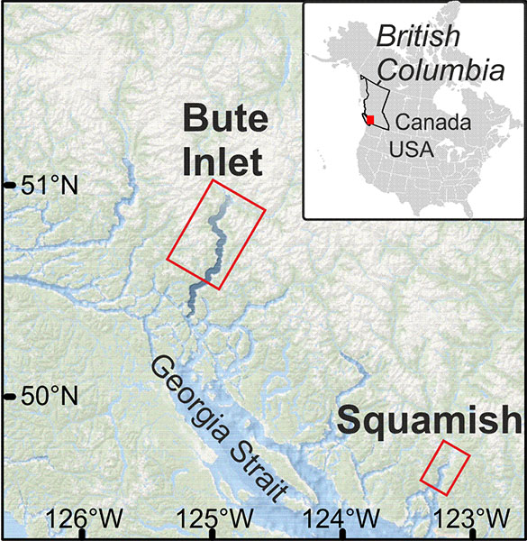 Localisation de Squamish et Bute Inlet, mes 2 sites d’étude en Colombie Britannique, Canada
